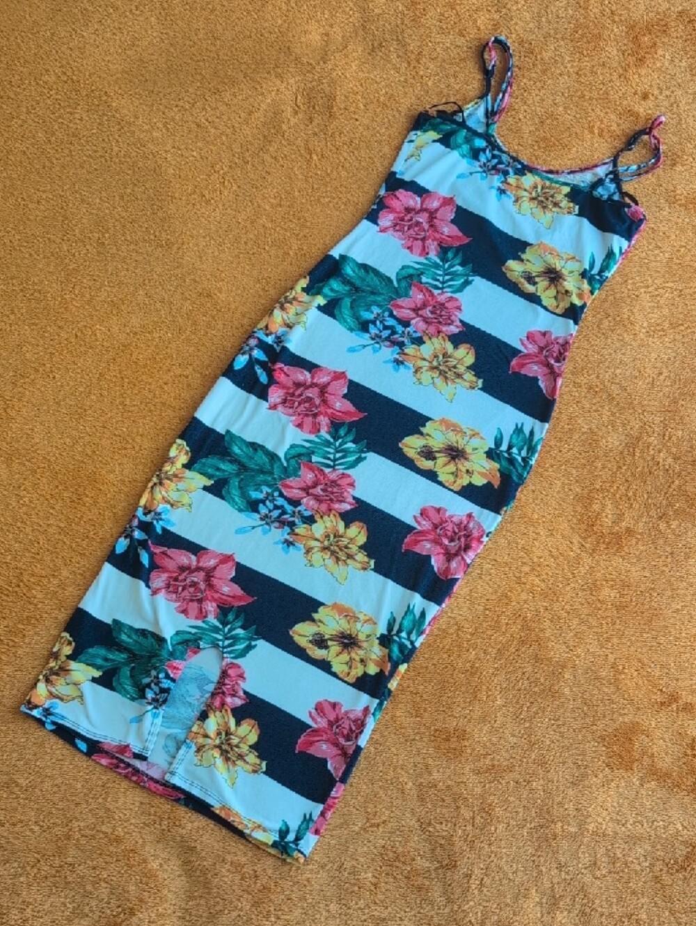 love J Floral Stripe Midi Dress in Navy, Pink, Yellow, Green - Picture 3 of 4